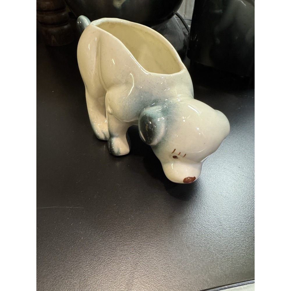 Vintage Blue Gray White Puppy Dog Sniffing Ground‎ Figural Ceramic Planter